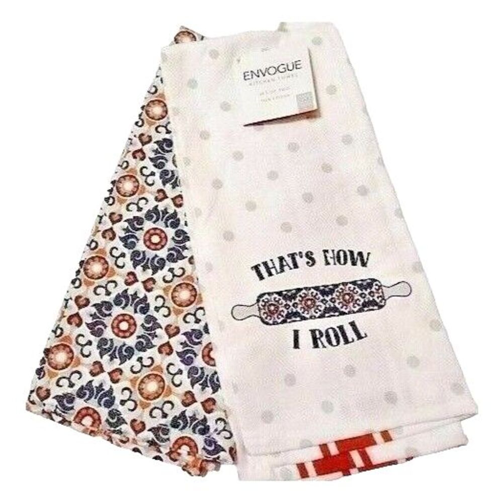 That's How I Roll Kitchen Towels Rolling Pin Medallion Red Blue White 2-Pc Gift